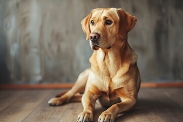 Labrador dog on grey wall background