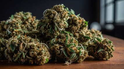 Marijuana flowers on the wooden table