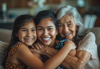 Heartwarming Photo of Grandmother, Mother, and Daughter Hugging and Smiling Together Indoors