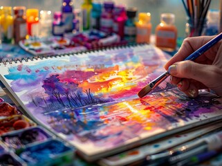 Obraz premium Hand painting a detailed landscape of a sunset over water with watercolors on paper, surrounded by art supplies