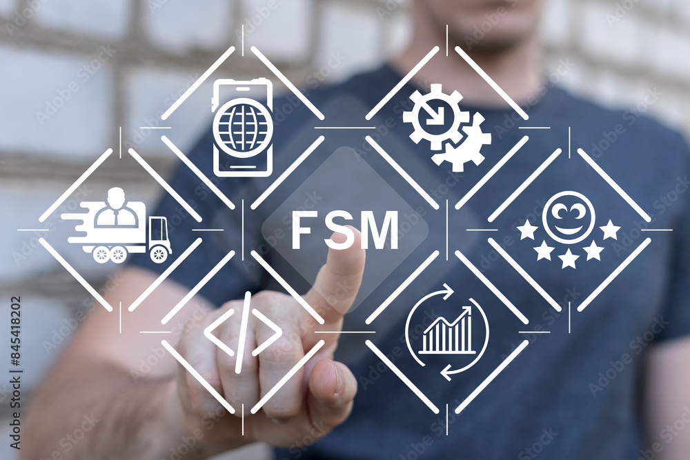 Aufkleber man using virtual touch screen presses abbreviation: fsm. fsm field service management business conc