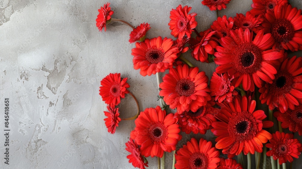 Poster a vibrant display of red flowers on a table with ample space for text