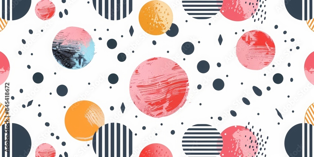 Poster minimalism pattern with circles, dots, and zigzag lines triangle over white background, with bold li