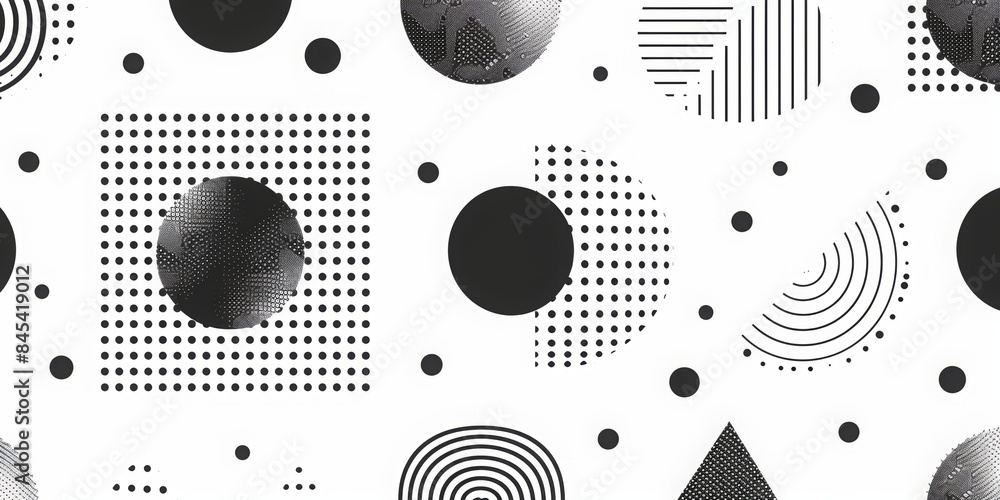 Poster minimalism pattern with circles, dots, and zigzag lines triangle over white background, with bold li