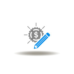 Vector illustration of shining coin and pencil. Icon of request. Symbol of financial operation.