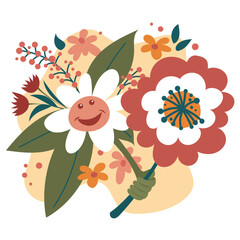 A funny cartoon illustration of a bouquet of flowers overrules the viewer a flower