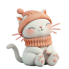 Adorable 3D rendering of a cute smiling cartoon cat wearing an orange winter hat and scarf, perfect for winter-themed designs. PNG No Background