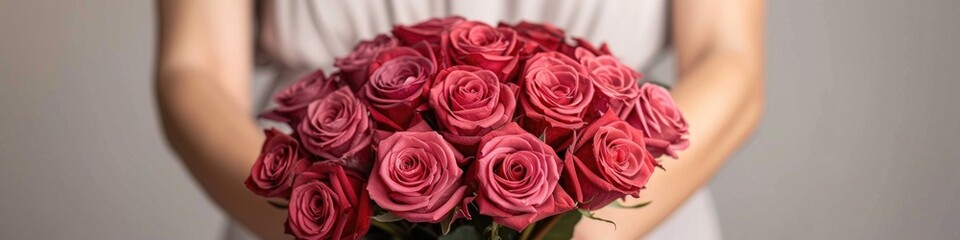woman hands gently holding a lavish bouquet of roses