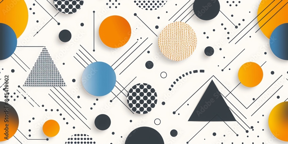 Poster minimalism pattern with circles, dots, and zigzag lines triangle over white background, with bold li