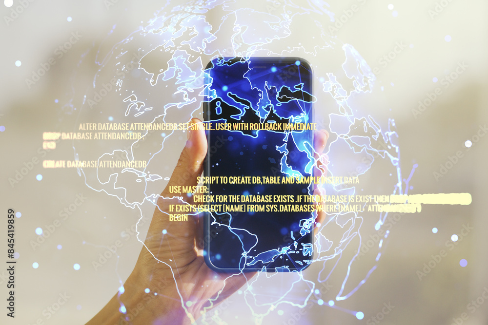 Poster double exposure of abstract creative programming illustration with world map and hand with cellphone