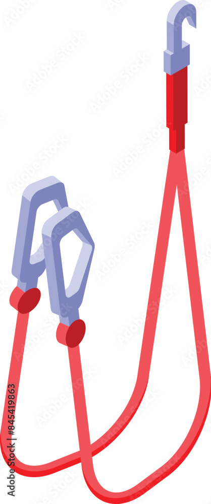 Poster red bungee cord with metal hooks for fixing something isometric icon