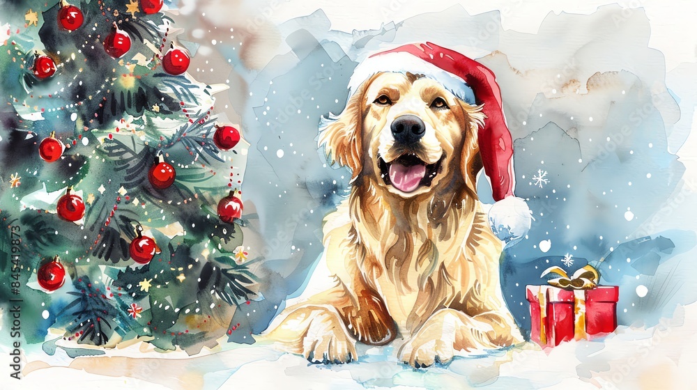 Canvas Prints A watercolor painting of a Golden Retriever wearing a Santa hat in front of a Christmas tree.