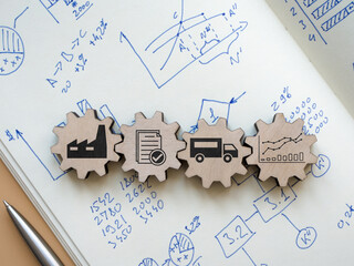 Cog wheels with supply chain management signs and business marks.