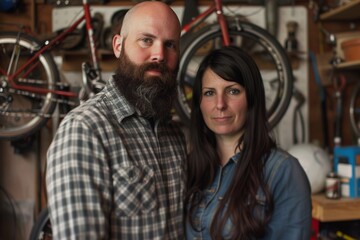 Portrait of a couple standing in a workshop. Casual attire. Both subjects have serious expressions. Background filled with tools and bicycles. Conceptual shot depicting teamwork and creativity