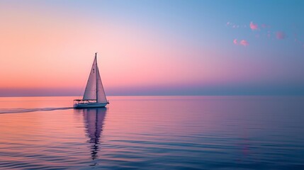 A sailboat sails on a calm sea with a pink and purple sunset in the background.