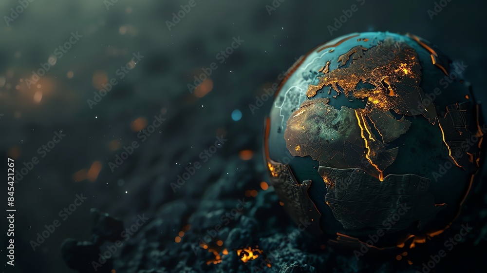 Poster an abstract depiction of earth with glowing lines and a textured surface.