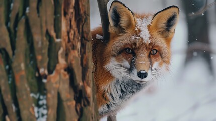 Obraz premium A red fox peeks from behind a tree trunk in a snowy forest.