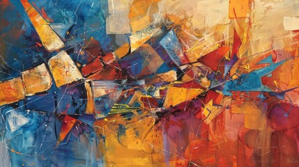 Abstract background  with colorful wall painting,shapes and forms, thick brush strokes, reds, blues, yellows, white highlights. Generative AI