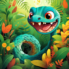 Little Green Dragon, snake, children's illustration, cartoon style, bright colors, lush jungle.