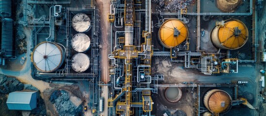 Aerial top view photo from flying drone of Power plant - Municipal Solid Waste Treatment Plant, RDF (Refuse Derived Fuel), roof plan, layout site
