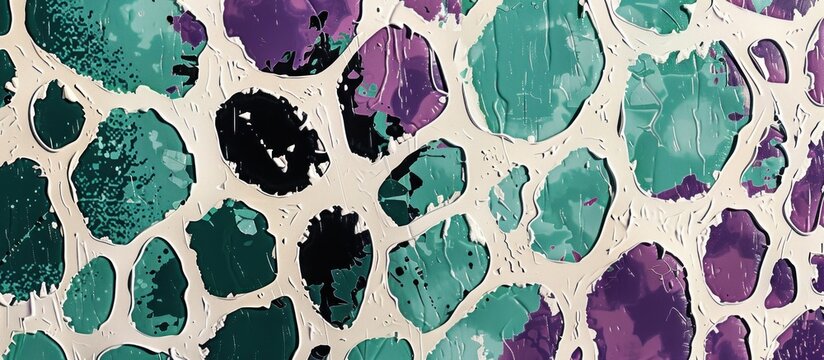 Animal print pattern using grey, green and purple colours, huge amount of paint, thic layers of ink. 