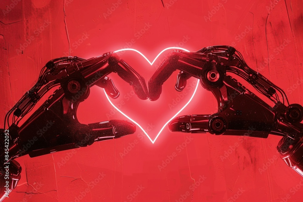 Poster robotic hands forming heart shape in front of vibrant red background with neon lights for technology