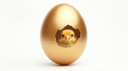 A baby chick peeks out of a cracked golden egg.