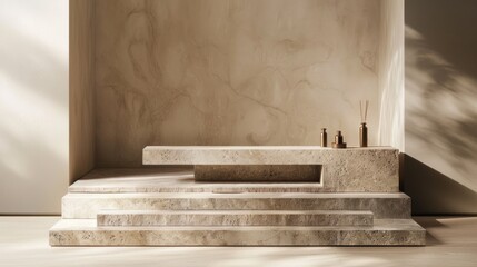 Sleek travertine podium centrally positioned for prominence.
