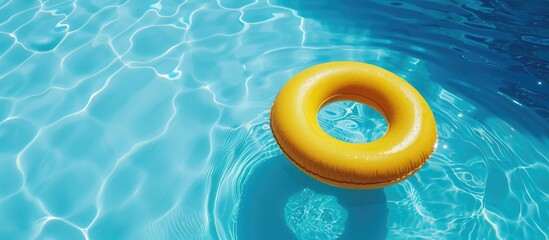 Refreshingly cool blue pool featuring a yellow pool float and room for text
