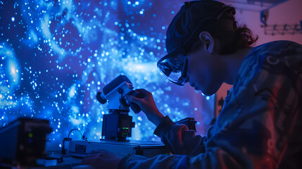 A scientist studying dark matter halos surrounded by complex data in a research facility.