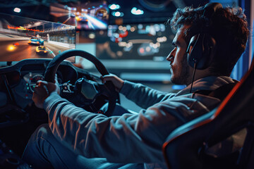 Young man in headphones with steering wheel playing car racing game at home