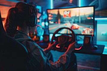 Obraz premium Young woman in headphones with steering wheel playing car racing game at home