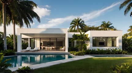A modern villa exterior with a sleek and contemporary design with clean lines and large windows in Florida. Tropical landscaping with palm trees, colorful flowers, and lawns, 3D render