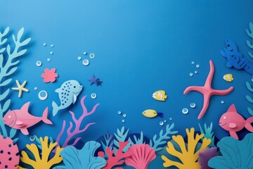 Naklejka premium Underwater scene with fish, corals, sea anemones, starfish and sea urchins on a blue background