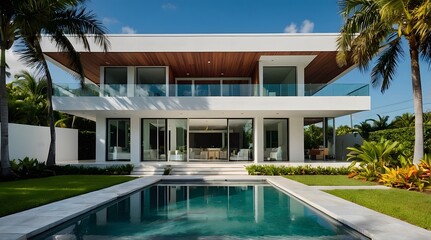 Fototapeta premium A modern villa exterior with a sleek and contemporary design with clean lines and large windows in Florida. Tropical landscaping with palm trees, colorful flowers, and lawns, 3D render