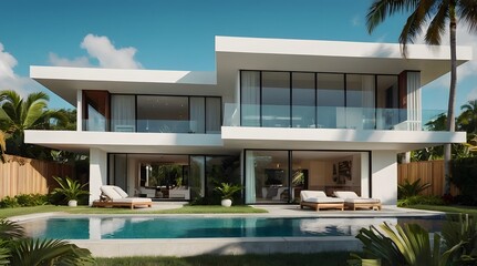 A modern villa exterior with a sleek and contemporary design with clean lines and large windows in Florida. Tropical landscaping with palm trees, colorful flowers, and lawns, 3D render
