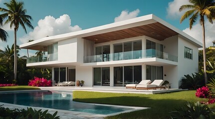 A modern villa exterior with a sleek and contemporary design with clean lines and large windows in Florida. Tropical landscaping with palm trees, colorful flowers, and lawns, 3D render
