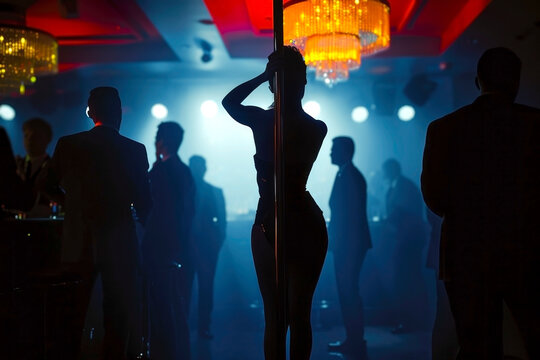 Young sexy slim brunette pole dancing woman . Silhouette with smoke and lights. The concept of a men's club, a strip bar, a bachelor party