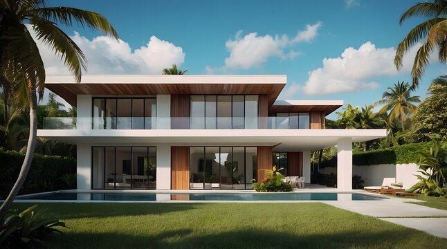 A modern villa exterior with a sleek and contemporary design with clean lines and large windows in Florida. Tropical landscaping with palm trees, colorful flowers, and lawns, 3D render