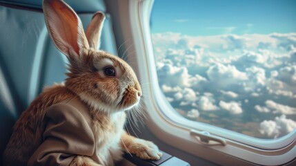 A rabbit is sitting in an airplane window, looking out at the clouds