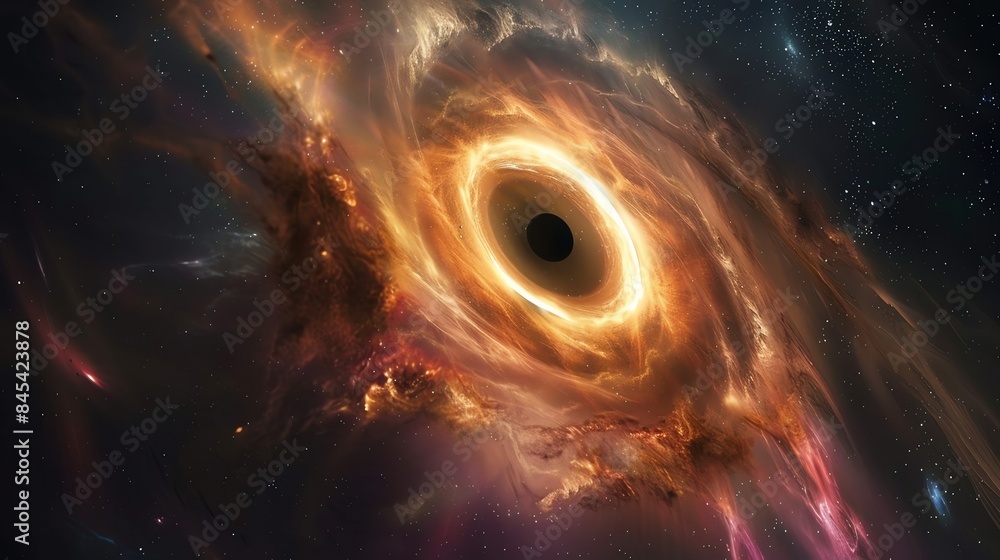 Sticker A cosmic scene depicting a black hole surrounded by a fiery accretion disk.