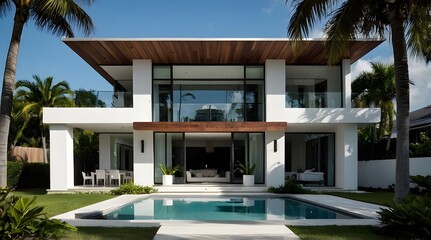 Fototapeta premium A modern villa exterior with a sleek and contemporary design with clean lines and large windows in Florida. Tropical landscaping with palm trees, colorful flowers, and lawns, 3D render