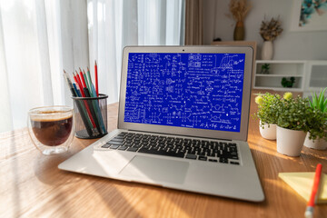 Mathematic equations and modish formula on computer screen showing concept of science and education