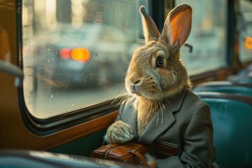 A rabbit is sitting on a bus with a briefcase