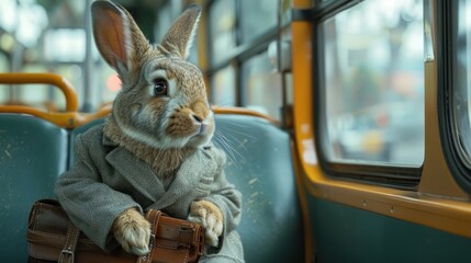 A rabbit is sitting on a bus with a brown coat on
