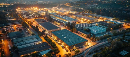 Fototapeta premium Aerial night view of an industrial area of a large Italian city with warehouses, offices and buildings.