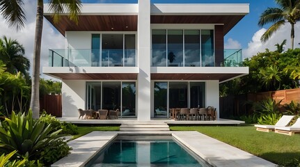 Fototapeta premium A modern villa exterior with a sleek and contemporary design with clean lines and large windows in Florida. Tropical landscaping with palm trees, colorful flowers, and lawns, 3D render