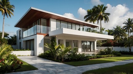 A modern villa exterior with a sleek and contemporary design with clean lines and large windows in Florida. Tropical landscaping with palm trees, colorful flowers, and lawns, 3D render