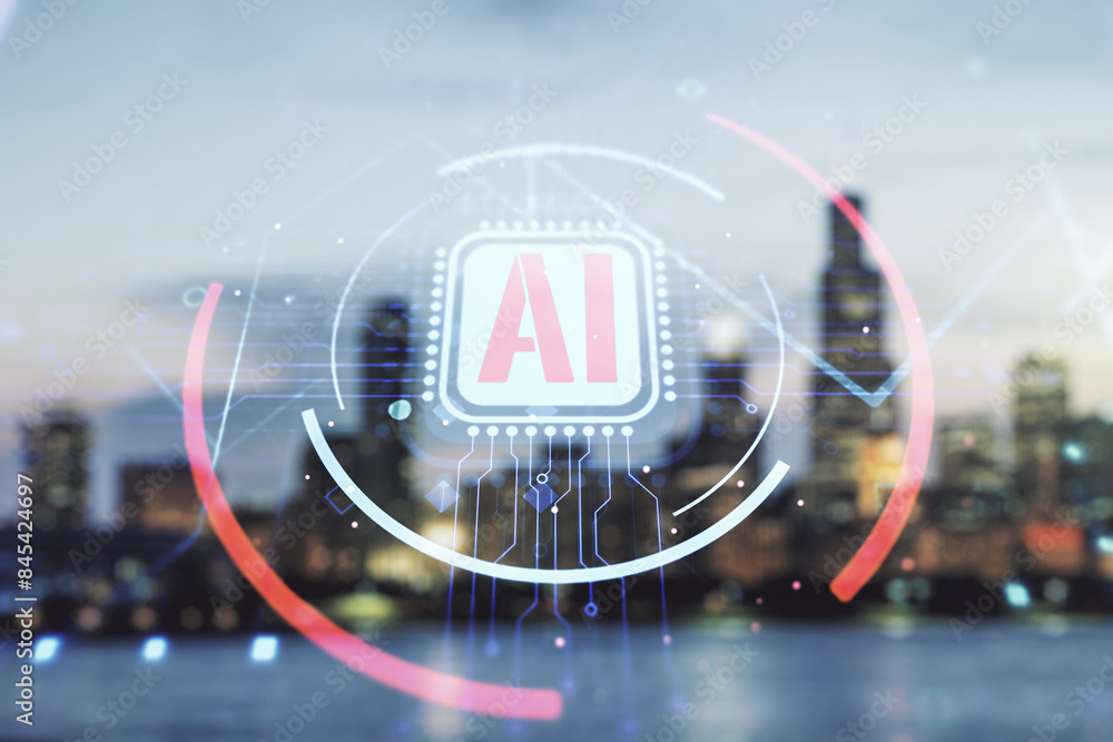Poster double exposure of creative artificial intelligence abbreviation hologram on blurry office buildings