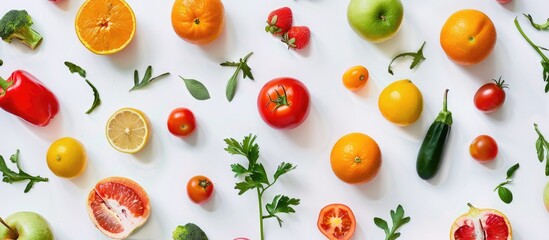 High-quality array of fruits and vegetables framed against a white backdrop